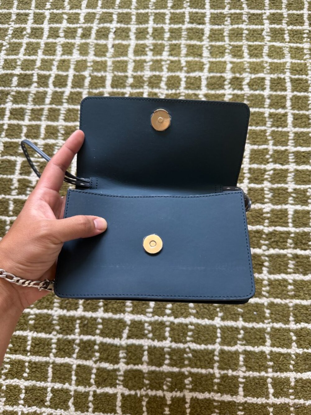 Jacquemus Slate Blue Leather Wallet On Strap Crossbody Gold Logo Chain Detail - Picture 4 of 7